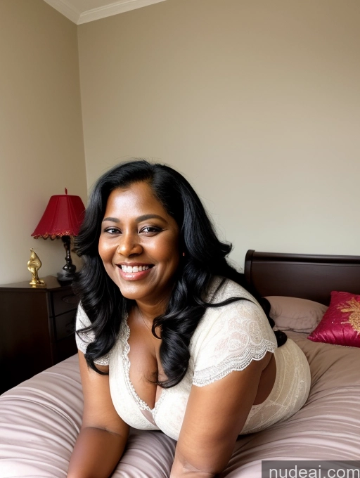 ai nude image of smiling woman in white dress laying on bed with pink sheets pics of Bedroom Happy Milf Long Hair 40s Big Hips Big Ass Thick Angel Indian Black Hair Dark Skin