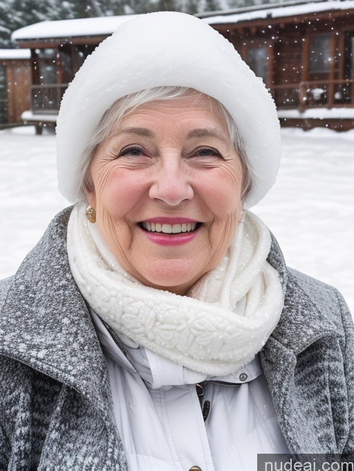 ai nude image of smiling woman in winter clothing and hat standing in snow covered yard pics of Happy Busty White Fairer Skin Front View Bikini Snow Woman 80s White Hair Long Hair