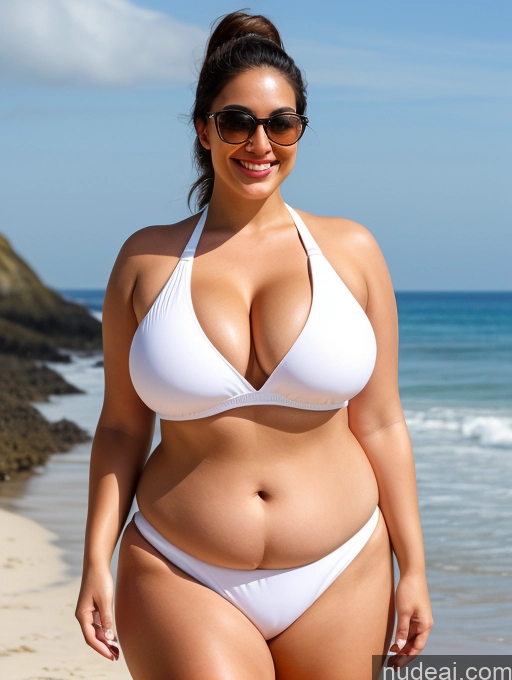 ai nude image of araffe woman in a white bikini on the beach pics of Woman One Busty Huge Boobs Sunglasses Lipstick Big Ass Thick Chubby Fat Big Hips 20s Happy Brunette Ponytail White Front View T-pose Beach Sports Sports Bra Bikini Microkini Thong