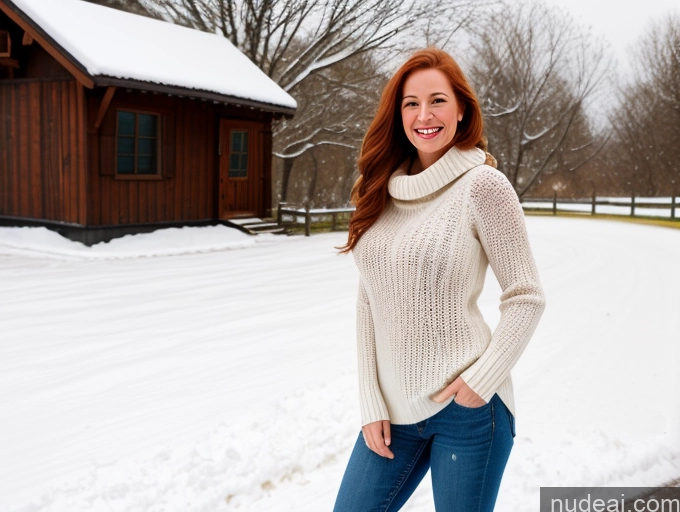 ai nude image of arafed woman in a white sweater and jeans standing in the snow pics of One Fairer Skin 40s Happy Long Hair Front View Jeans Boots Perfect Boobs Snow Sweater Model Ginger Jewish