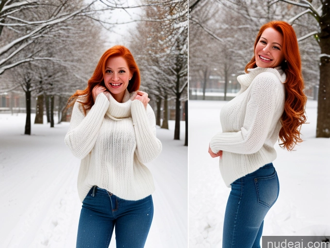 ai nude image of there is a woman that is standing in the snow with her hands on her head pics of One Fairer Skin 40s Happy Long Hair Front View Jeans Boots Perfect Boobs Snow Sweater Model Ginger Dutch