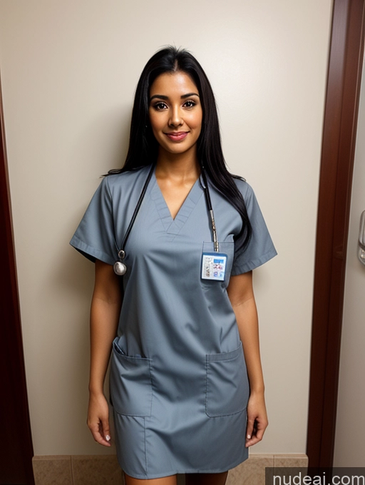 ai nude image of arafed woman in scrubs standing in a hallway with a name tag on her shirt pics of Woman Sexy Face One Long Hair Black Hair Brazilian 20s Front View Nurse