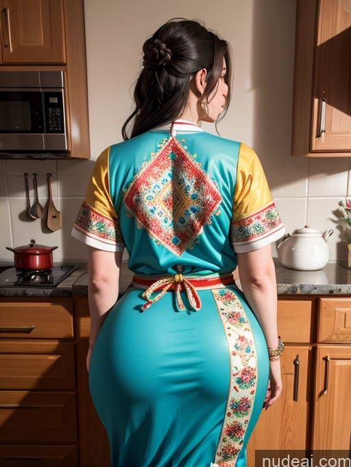 ai nude image of araffe in a blue dress standing in a kitchen next to a stove pics of Traditional Milf Kitchen Fat Big Ass Big Hips Back View Mongolian