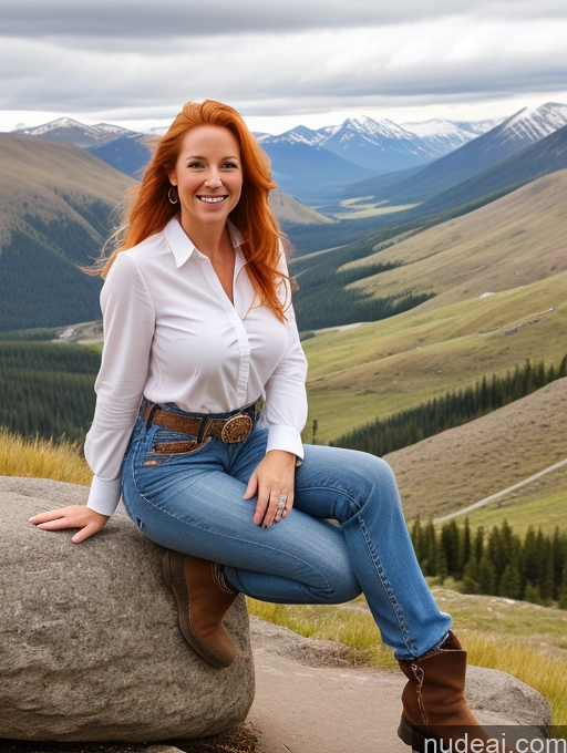 ai nude image of woman sitting on a rock in the mountains with a view of the valley pics of One Perfect Boobs 40s Happy Blonde Long Hair Boots Jeans Western Mountains Shirt Front View Irish Model Blouse