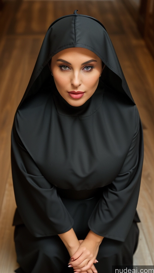 ai nude image of arafed woman in a black nun's robe sitting on a wooden floor pics of Bimbo Busty Perfect Boobs Big Hips Perfect Body Beautiful Pouting Lips Nun Prayhands, Interlocked Fingers, Own Hands Together Squatting Cultist Hood