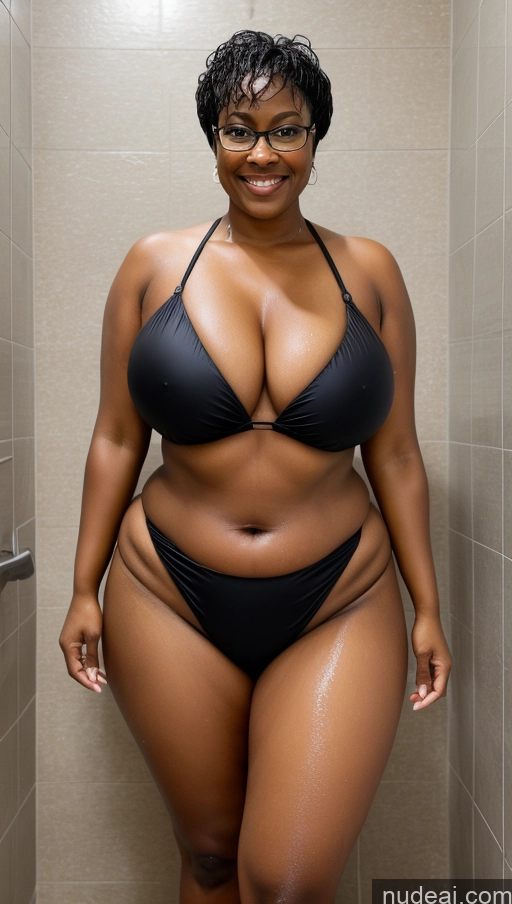 ai nude image of there is a woman in a black bikini posing in a shower pics of Milf Busty Huge Boobs Tattoos Big Ass Thick Big Hips Tall Beautiful 50s Pixie Shower Front View T-pose Microkini Detailed Sexy Face Glasses Happy Oiled Body Dark Skin Black Hair Black