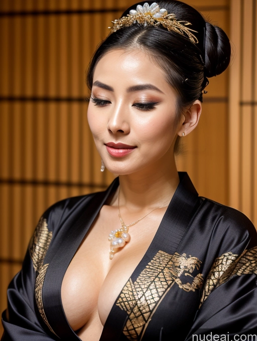 ai nude image of araffe asian woman in a black robe with a gold necklace and earrings pics of Busty Perfect Boobs Perfect Body Big Hips Cleavage Jewelry China Dress Of Kisaki (Blue Archive) Pearl Jewelry Gold Jewelry Black Hair Kimono Fairer Skin 40s Transparent Geisha Onsen Orgasm Indian Hair Tied Up