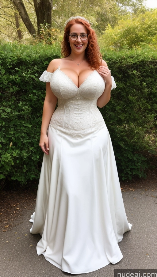 ai nude image of a woman in a white dress posing for a picture in front of a hedge pics of Huge Boobs Busty Perfect Boobs Perfect Body Big Hips Wedding Victorian Beautiful Curly Hair Irish Glasses Happy Boots