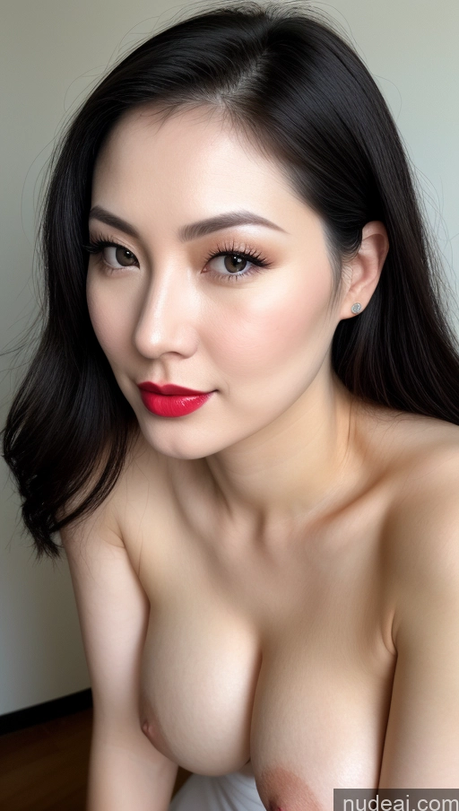 ai nude image of arafed asian woman with a red lipstick and a big breast pics of Woman One Beautiful Lipstick Fairer Skin 30s Black Hair Close-up View Simple Detailed Vietnamese Slicked Busty Perfect Boobs