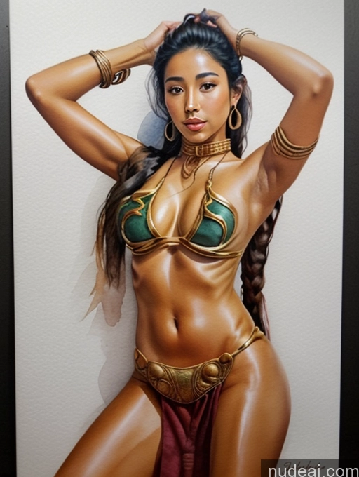 ai nude image of a close up of a woman in a bikini posing for a picture pics of 20s Black Hair Long Hair Thai Nude Front View Tanned Skin Jewelry Woman Slavekini, Aka Slave Leia Outfit Watercolor