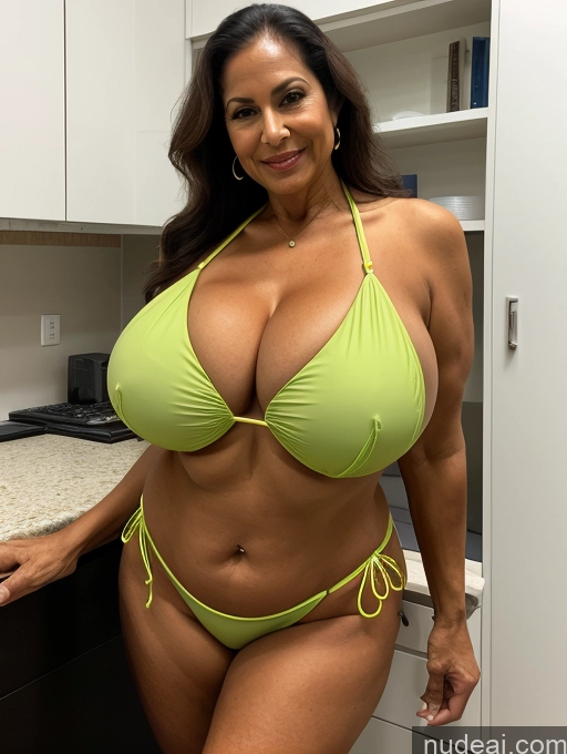 ai nude image of araffe woman in a green bikini posing in a kitchen pics of Milf One Busty Tanned Skin Brazilian Front View 70s Microkini Thong Lab Coat Huge Boobs Professor