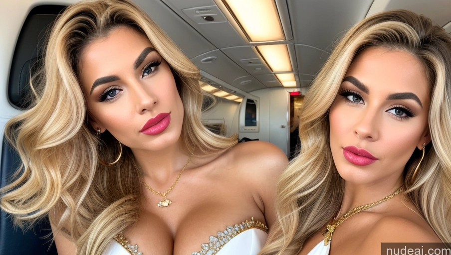 ai nude image of two women with blonde hair and pink lipstick on a train pics of Lipstick Perfect Body Pubic Hair Pouting Lips Blonde Long Hair White Flight Attendant Gold Jewelry Busty Perfect Boobs Cleavage Diamond Jewelry Pearl Jewelry