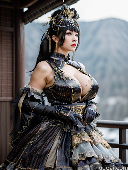 ai nude image of there is a woman in a dress that is standing on a balcony pics of Perfect Boobs Perfect Body Big Hips Fairer Skin Serious Black Hair Hair Tied Up Japanese Onsen Cleavage Pantyhose Fantasy Armor Gloves Huge Boobs New Chinese-style Clothing