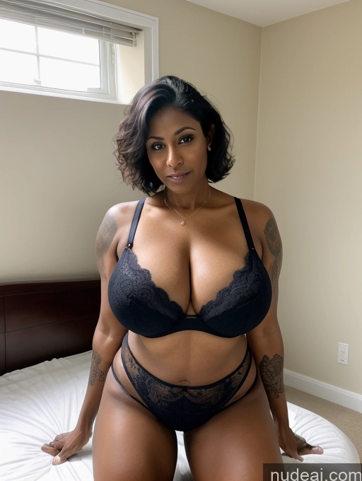 ai nude image of araffe woman in lingerie posing on bed in bedroom pics of Milf Busty Beautiful Tattoos Big Ass Big Hips Tall Dark Skin Sexy Face Indian Front View Detailed Pixie Muscular Abs Seductive 50s Bedroom Huge Boobs Thick Bra Thong T-pose Black Hair