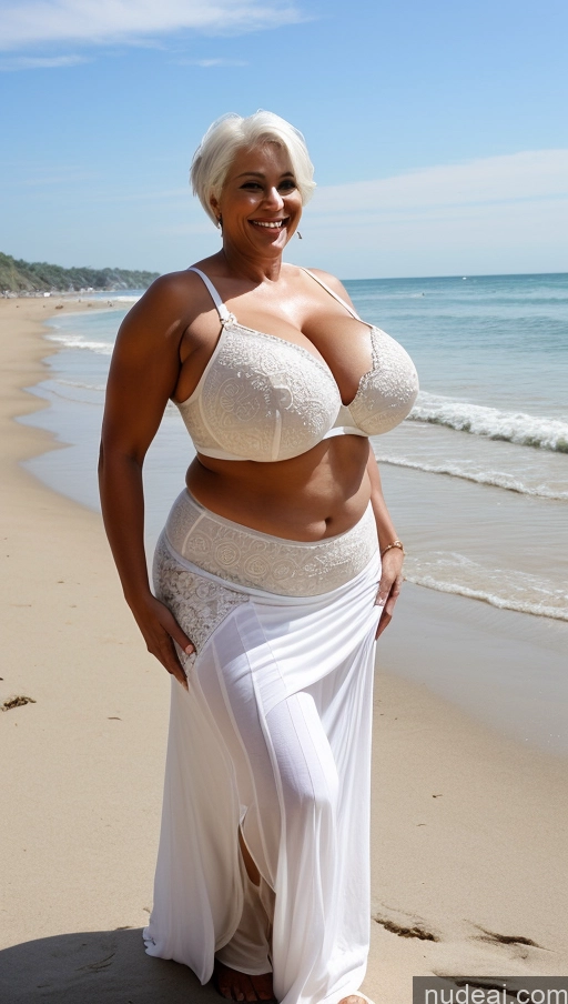 ai nude image of araffe woman in white dress on beach with ocean in background pics of Milf 50s Sexy Face Indian Busty Tattoos Beautiful Big Ass Big Hips Tall Dark Skin Front View T-pose Detailed Bra Pixie Beach Abs Muscular Long Skirt Huge Boobs Thick Laughing White Hair