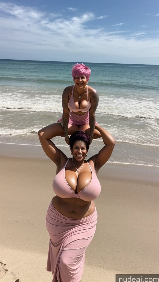 ai nude image of there is a woman in a pink bikini holding a baby on her shoulders pics of Milf 50s Sexy Face Indian Busty Tattoos Beautiful Big Ass Big Hips Tall Dark Skin Front View T-pose Detailed Bra Pixie Beach Abs Muscular Huge Boobs Laughing Thick Long Skirt Pink Hair