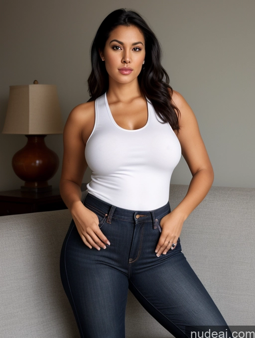 ai nude image of arafed woman in white tank top and jeans sitting on a couch pics of Woman One Perfect Boobs Beautiful Big Ass Long Legs Perfect Body 30s Seductive Sexy Face Black Hair Ponytail Indian Front View Dark Lighting Polo Chubby Couch Jeans Tank Top