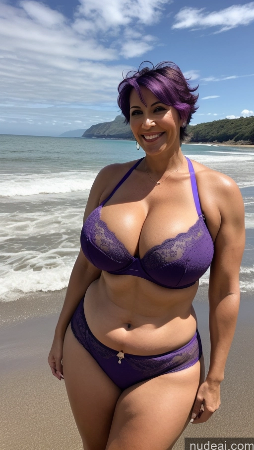 ai nude image of purple hair woman in purple bikini on beach with ocean in background pics of Milf 50s Sexy Face Indian Busty Tattoos Beautiful Big Ass Big Hips Tall Dark Skin Front View T-pose Detailed Bra Pixie Abs Muscular Happy Beach Long Skirt Huge Boobs Thick Purple Hair