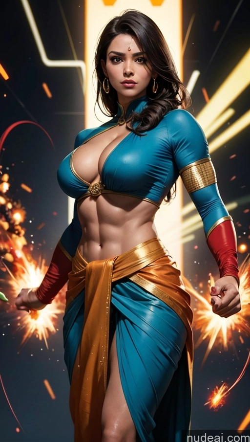 ai nude image of a woman in a blue and gold outfit posing for a picture pics of Sari Superheroine Several Busty Muscular Abs Science Fiction Style Superhero Powering Up