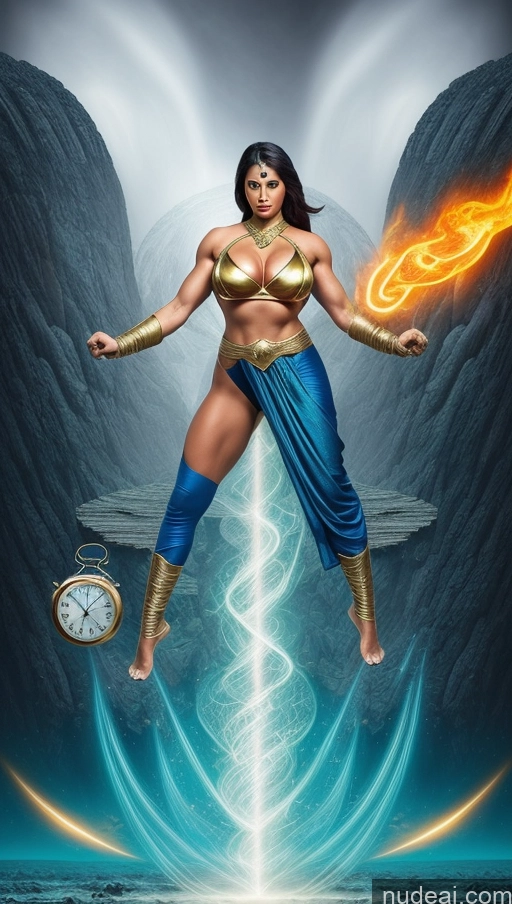 ai nude image of arafed woman in a blue outfit with a clock and a fire pics of Sari Several Powering Up Surrealist Superheroine Busty Muscular Abs