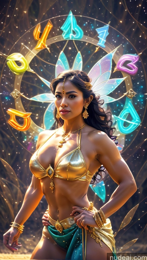 ai nude image of a woman in a bikini and gold costume posing in front of a clock pics of Sari Several Powering Up Surrealist Busty Muscular Abs Bodybuilder Fairy