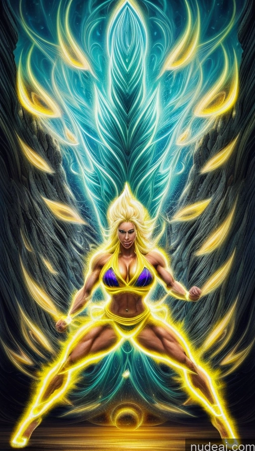 ai nude image of a woman in a bikini and wings is standing in front of a blue background pics of Sari Several Powering Up Surrealist Busty Muscular Abs Bodybuilder Super Saiyan 3 Neon Lights Clothes: Yellow