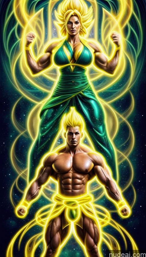 ai nude image of a painting of a woman and a man with a glowing body pics of Sari Several Powering Up Surrealist Busty Muscular Abs Bodybuilder Super Saiyan 3 Neon Lights Clothes: Yellow