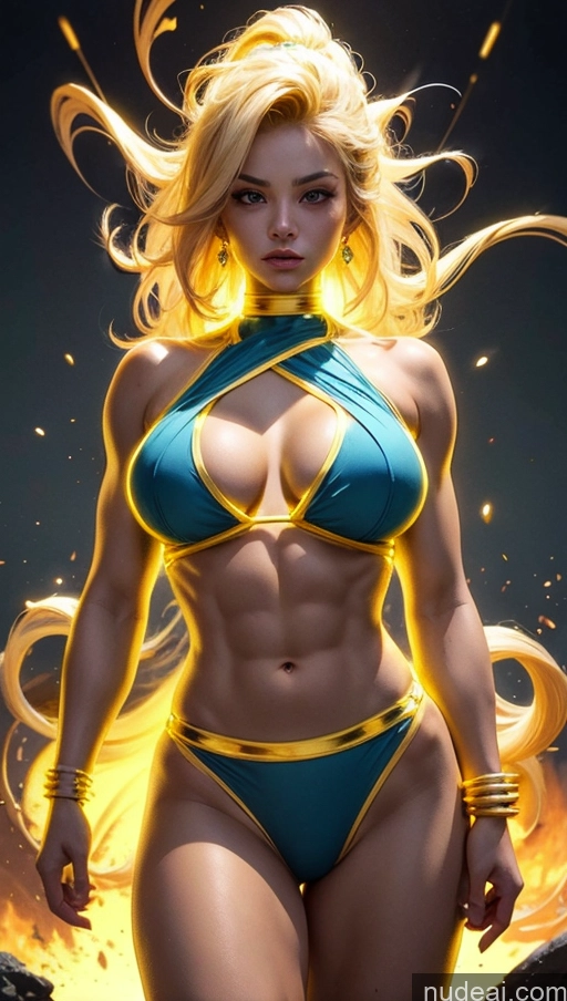 ai nude image of a woman in a bikini and a yellow and blue costume pics of Sari Several Powering Up Surrealist Busty Muscular Abs Bodybuilder Super Saiyan 3 Neon Lights Clothes: Yellow