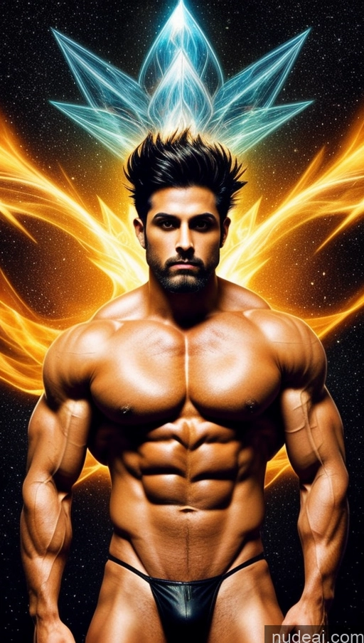 ai nude image of a man with a muscular body and a glowing star above his head pics of Sari Several Powering Up Surrealist Busty Muscular Abs Bodybuilder Super Saiyan 4