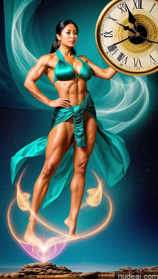 ai nude image of arafed woman in a blue dress holding a clock in her hand pics of Sari Several Powering Up Surrealist Busty Muscular Abs Bodybuilder Dynamic View Kimono