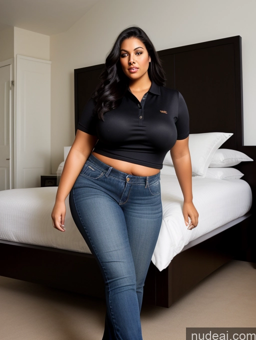 ai nude image of araffe woman in black shirt and jeans standing in front of a bed pics of Woman Perfect Boobs Beautiful Big Ass Chubby Long Legs Perfect Body 30s Seductive Sexy Face Black Hair Long Hair Indian Front View Spreading Legs Dark Lighting Polo Shirt Jeans