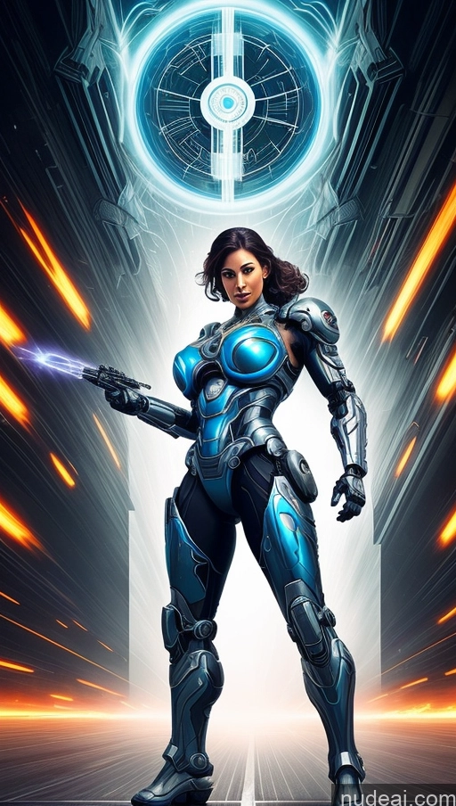 ai nude image of a woman in a futuristic suit holding a gun in front of a futuristic background pics of Sari Several Powering Up Surrealist Dynamic View Cyborg Busty Muscular Abs Mech Suit Sci-fi Armor