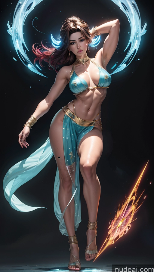 ai nude image of arafed woman in a blue bikini and gold jewelry with a sword pics of Sari Several Powering Up Surrealist Dynamic View Abs Muscular Busty Bodybuilder Futuristic