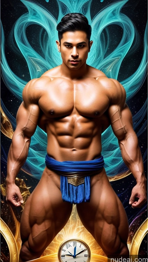 ai nude image of arafed man in a blue underwear with a clock in his hand pics of Sari Several Powering Up Surrealist Dynamic View Abs Muscular Busty Bodybuilder Knight