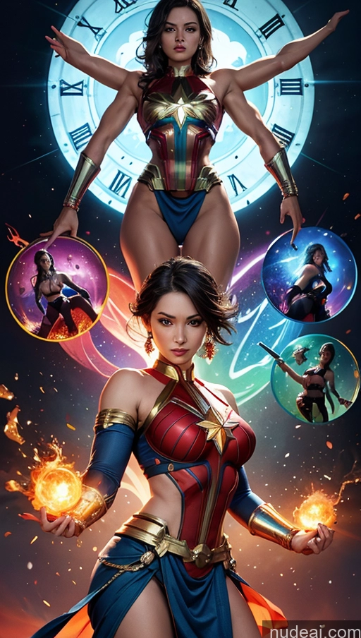 ai nude image of a close up of a woman in a costume with a clock in the background pics of Sari Powering Up Surrealist Dynamic View Several Bodybuilder Busty Muscular Abs Captain Marvel