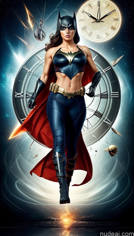 ai nude image of arafed image of a woman in a superhero costume running through a clock pics of Sari Powering Up Surrealist Dynamic View Several Batwoman Muscular Abs Busty