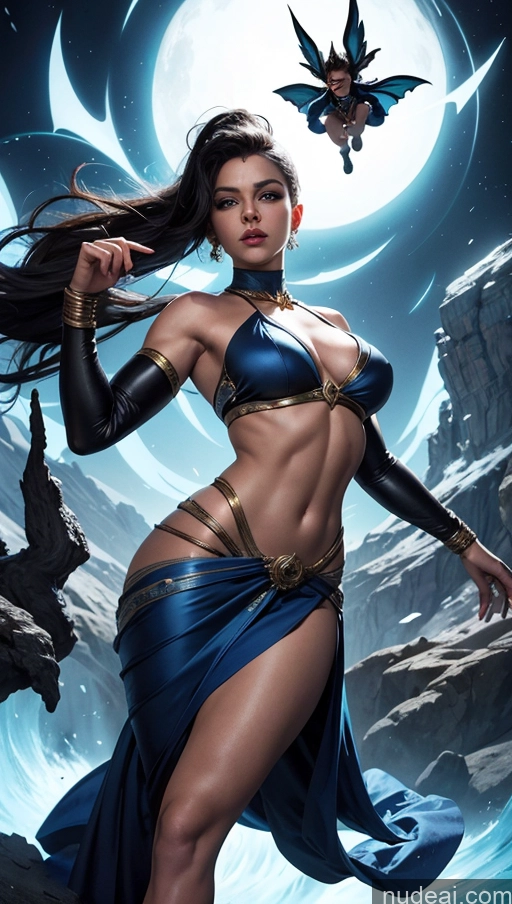 ai nude image of a woman in a blue dress is standing in front of a full moon pics of Sari Powering Up Surrealist Dynamic View Several Batwoman Muscular Abs Busty