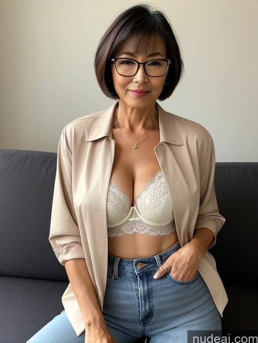 related ai porn images free for Milf Perfect Boobs Perfect Body Beautiful Glasses 60s Sexy Face Short Hair Japanese Couch Blouse Bra Casual Jacket Jeans Stylish Cleavage Dark Lighting Detailed