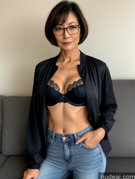 related ai porn images free for Milf Perfect Boobs Perfect Body Beautiful Glasses 60s Sexy Face Short Hair Japanese Couch Blouse Bra Casual Jacket Jeans Stylish Cleavage Dark Lighting Detailed