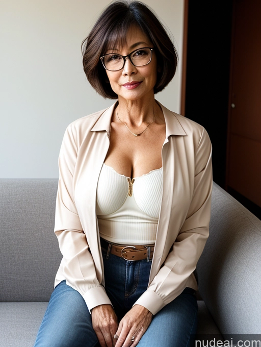 related ai porn images free for Milf Perfect Boobs Perfect Body Beautiful Glasses 60s Sexy Face Short Hair Japanese Couch Blouse Bra Casual Jacket Jeans Stylish Cleavage Dark Lighting Detailed