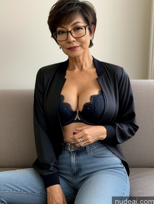 related ai porn images free for Milf Perfect Boobs Perfect Body Beautiful Glasses 60s Sexy Face Short Hair Japanese Couch Blouse Bra Casual Jacket Jeans Stylish Cleavage Dark Lighting Detailed