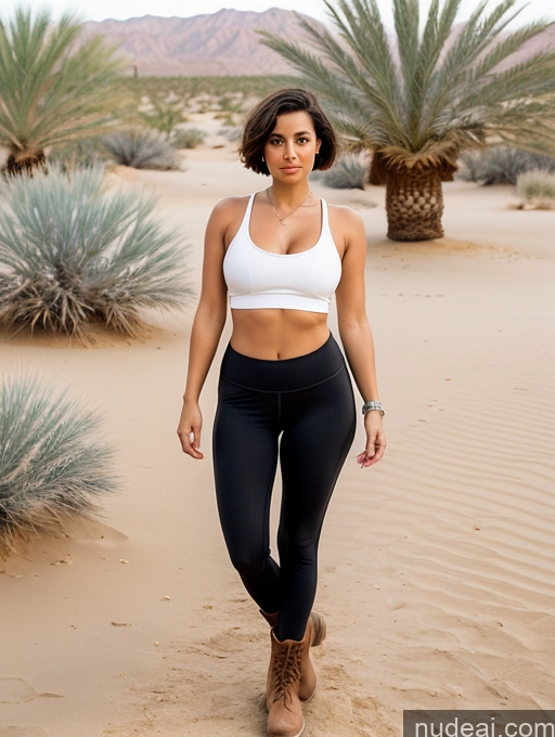 ai nude image of araffe woman in white top and black leggings walking in desert pics of Woman One Beautiful Perfect Boobs Tanned Skin 30s Serious Brunette Short Hair White Film Photo Oasis Front View Boots Tank Top Yoga Pants