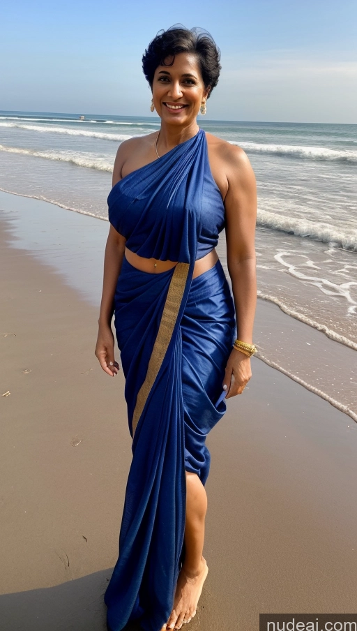 ai nude image of arafed woman in a blue sari standing on the beach pics of Milf Busty Beautiful Big Ass Big Hips Tall Dark Skin 50s Sexy Face Happy Pixie Indian Front View T-pose Detailed Abs Perfect Boobs Muscular Perfect Body Beach Black Hair Sari