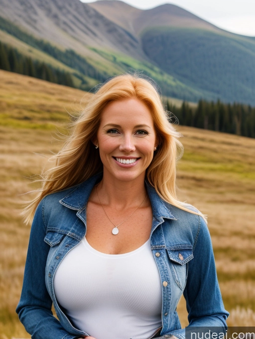 ai nude image of blonde woman in a white shirt and denim jacket standing in a field pics of Model One Perfect Boobs 40s Happy Blonde Irish Mountains Front View Jeans Long Hair Jacket Blouse Transparent