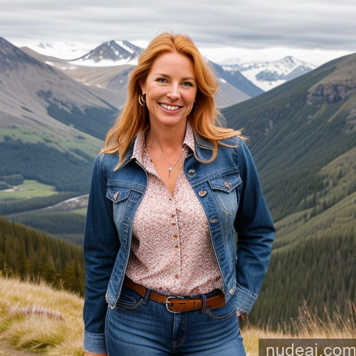 ai nude image of smiling woman in denim jacket standing on grassy hill with mountains in background pics of Model One Perfect Boobs 40s Happy Mountains Front View Jeans Long Hair Jacket Blouse Irish Blonde