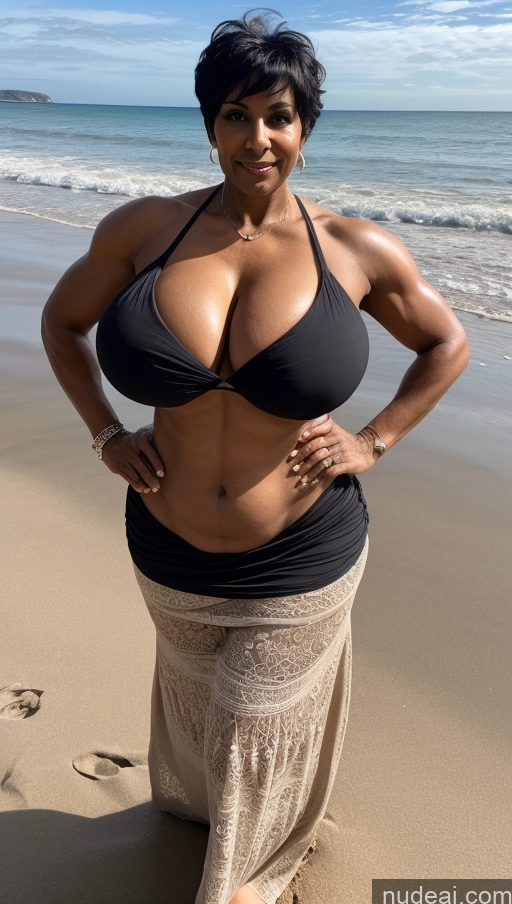 ai nude image of arafed woman in a black bikini standing on a beach pics of Milf Busty Huge Boobs Beautiful Tattoos Muscular Big Ass Abs Thick Big Hips Tall Dark Skin 50s Pixie Indian T-pose Bikini Long Skirt Detailed Sexy Face Beach Seductive Front View Black Hair