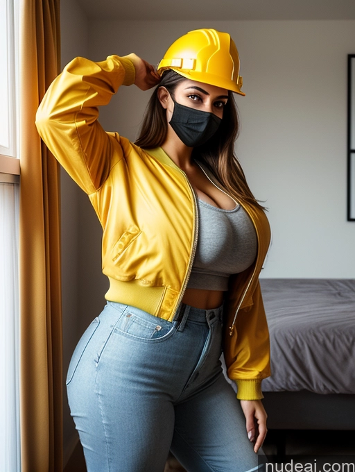 ai nude image of arafed woman wearing a yellow jacket and a black mask pics of Woman One Busty Huge Boobs Perfect Boobs Beautiful Big Ass Long Legs Tall Middle Eastern White 3d Bedroom Front View Side View Back View Looking At Sky 90s Bomber Construction Worker Face Mask Halloween