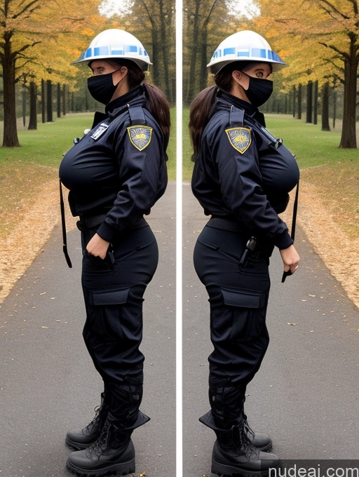 ai nude image of arafed woman in a police uniform and a mask standing on a road pics of Woman One Busty Huge Boobs Perfect Boobs Beautiful Big Ass Long Legs Tall Front View Side View Back View Looking At Sky 90s Bomber Construction Worker Face Mask Halloween Kilt Mech Suit Nun Police