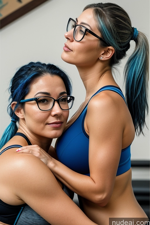 related ai porn images free for Huge Boobs Two Woman Glasses Blue Hair Sports Bra 30s Ponytail