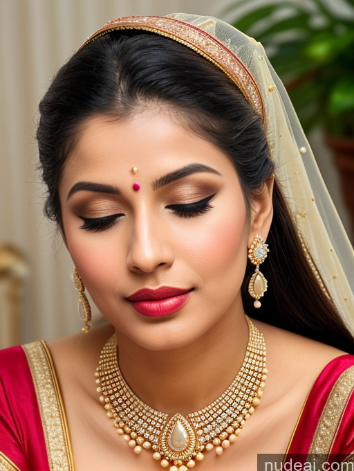 ai nude image of a close up of a woman wearing a red and gold outfit pics of Woman Beautiful Lipstick Oiled Body 18 Pouting Lips Black Hair Ponytail Vintage Angel Sari Traditional Wedding Diamond Jewelry Gold Jewelry Jewelry Pearl Jewelry Bright Lighting Sexy Face Orgasm Russian